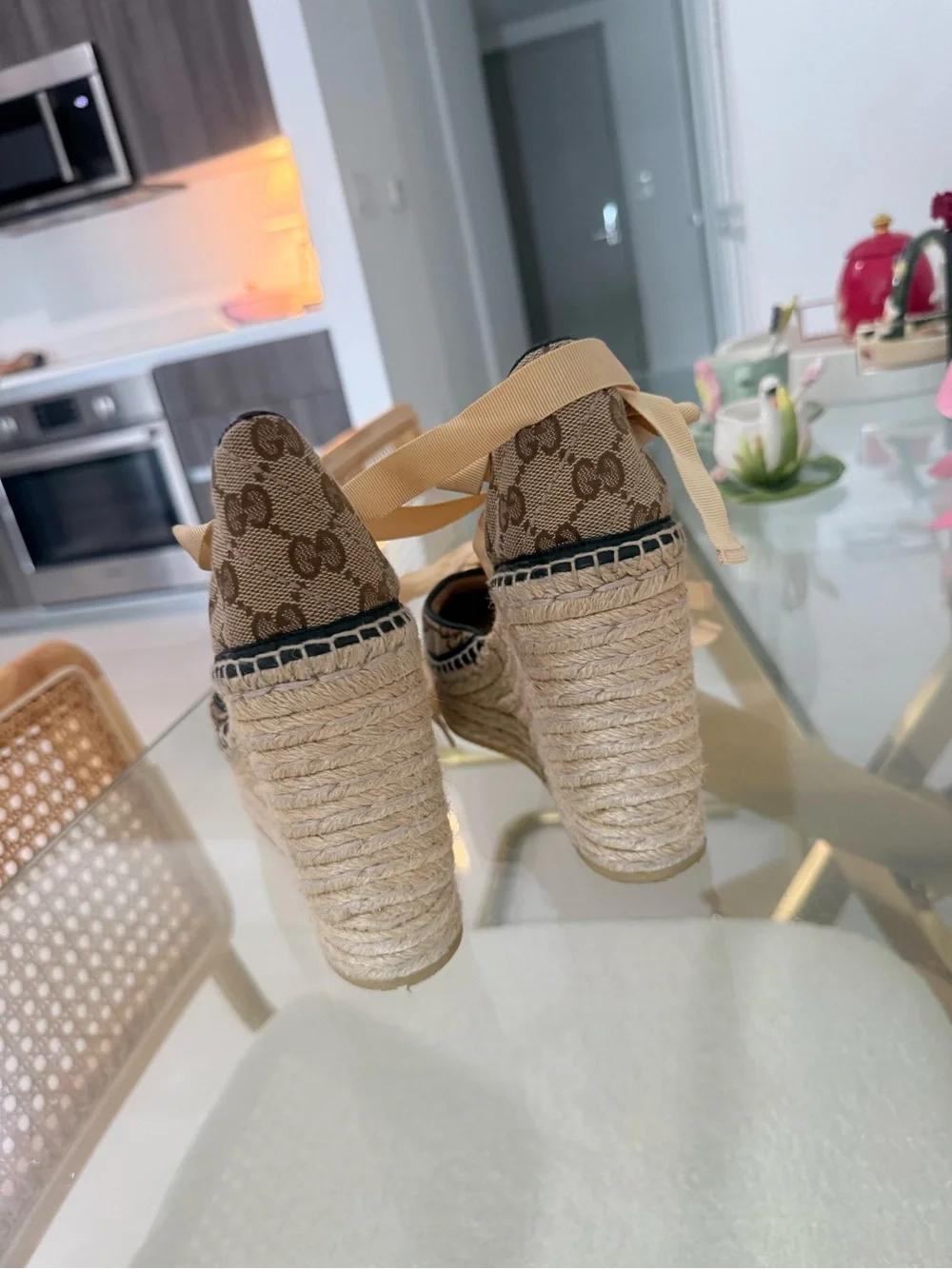 Gucci Brown Beige Monogram Espadrille Wedge Sandals with Gold Double G